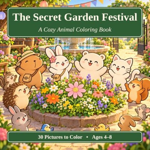 Cover of The Secret Garden Festival: A Cozy Animal Coloring Book: the same animal friends cheering around a flower bed by a garden fountain, with the line 30 pictures to color, ages 4 to 8.