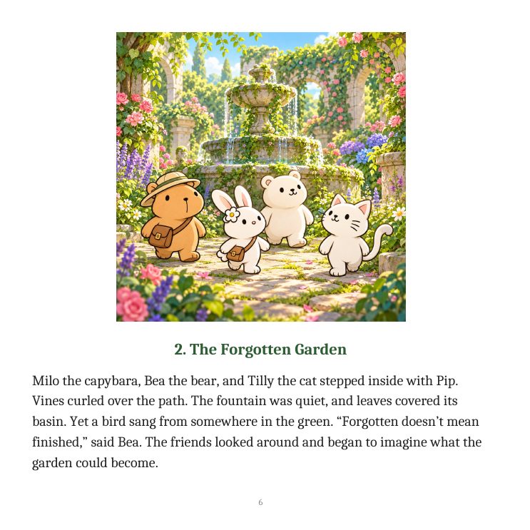 Inside page: chapter 2, The Forgotten Garden, with a color illustration of the friends entering the garden above the story text.