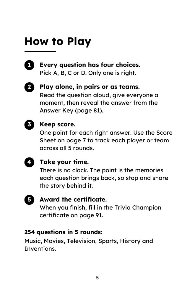 Inside page: How to Play, five numbered steps for playing the quiz.