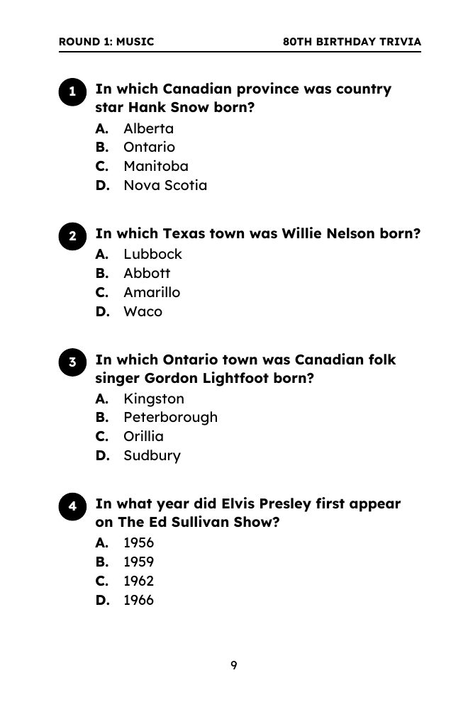 Inside page: the first four questions of the Music round, each with choices A to D.