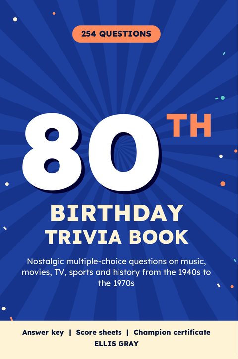 Cover of the 80th Birthday Trivia Book: a large white 80 on a blue background with the label 254 questions.