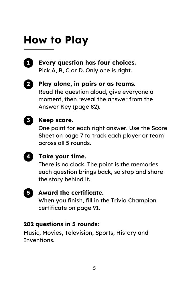 Inside page: How to Play, five numbered steps for playing the quiz.