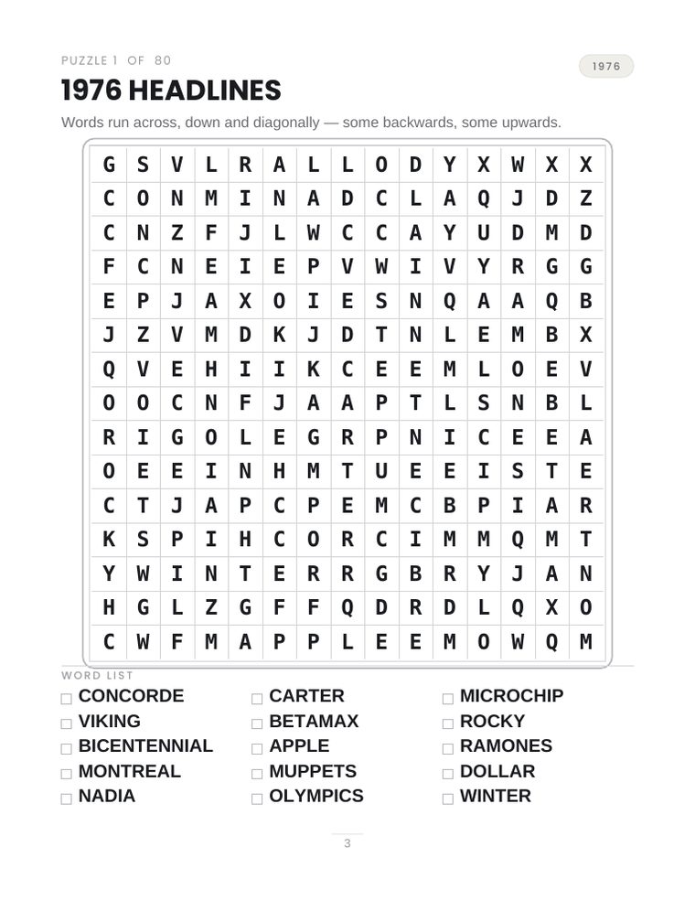 Inside page: Puzzle 1 of 80, 1976 Headlines, a 15 by 15 letter grid with the word list below.