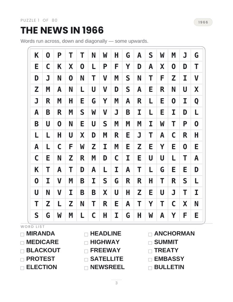Inside page: Puzzle 1 of 80, The News in 1966, a 15 by 15 letter grid with the word list below.